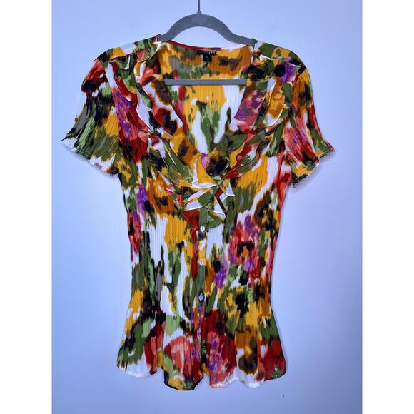 2000s Y2K East 5th Rainbow Fall Watercolor Accordion Fairy Ruffle Boho Shirt XL - Picture 2 of 7